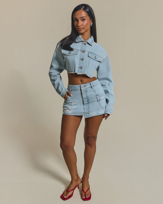 The Esha Denim Mini Skirt in Light Wash Blue