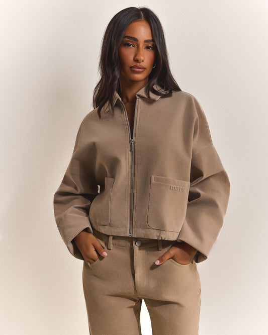 The Isla Faux Suede Cropped Jacket in Beige