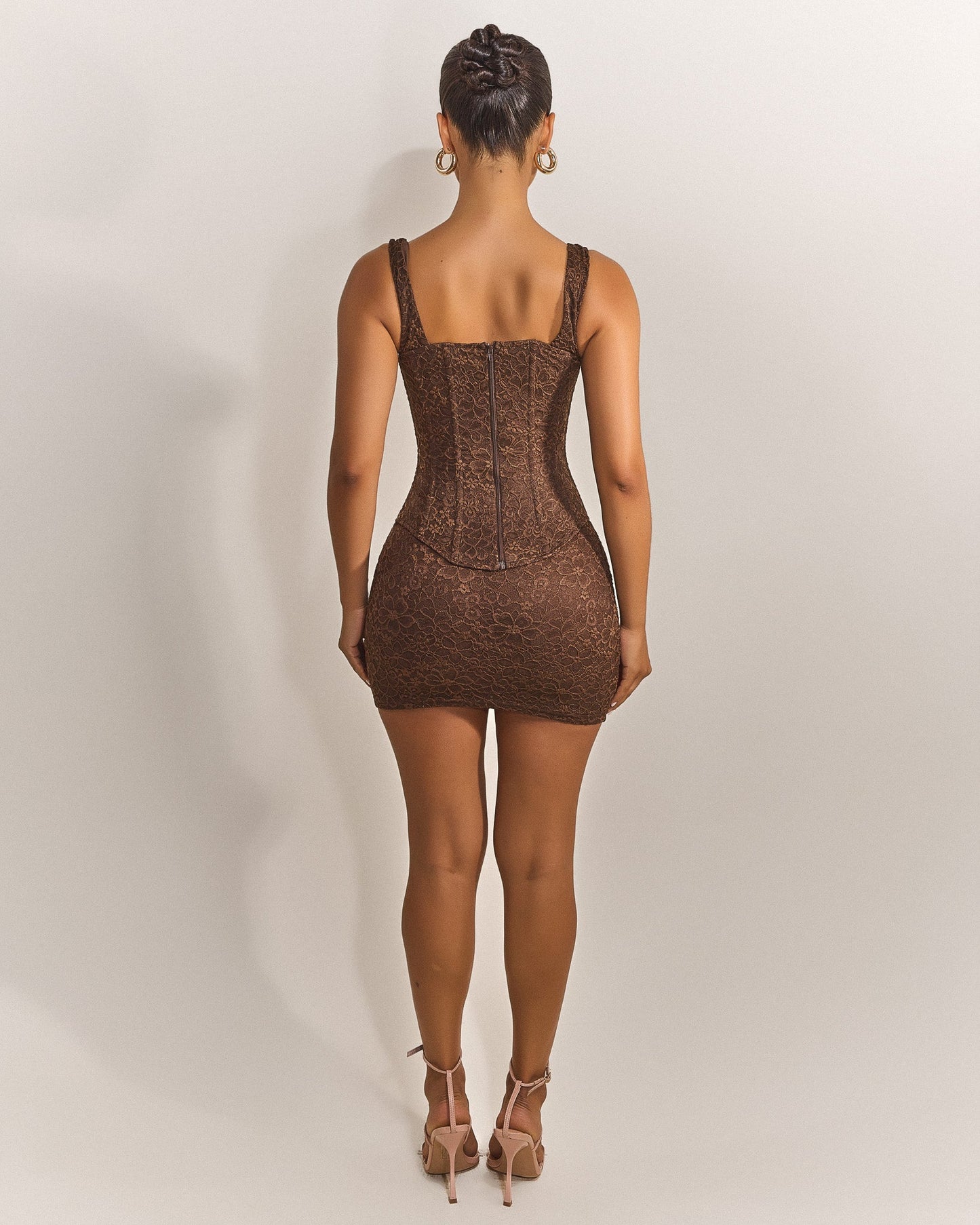 The Cinched Lace Mini Skirt in Brown