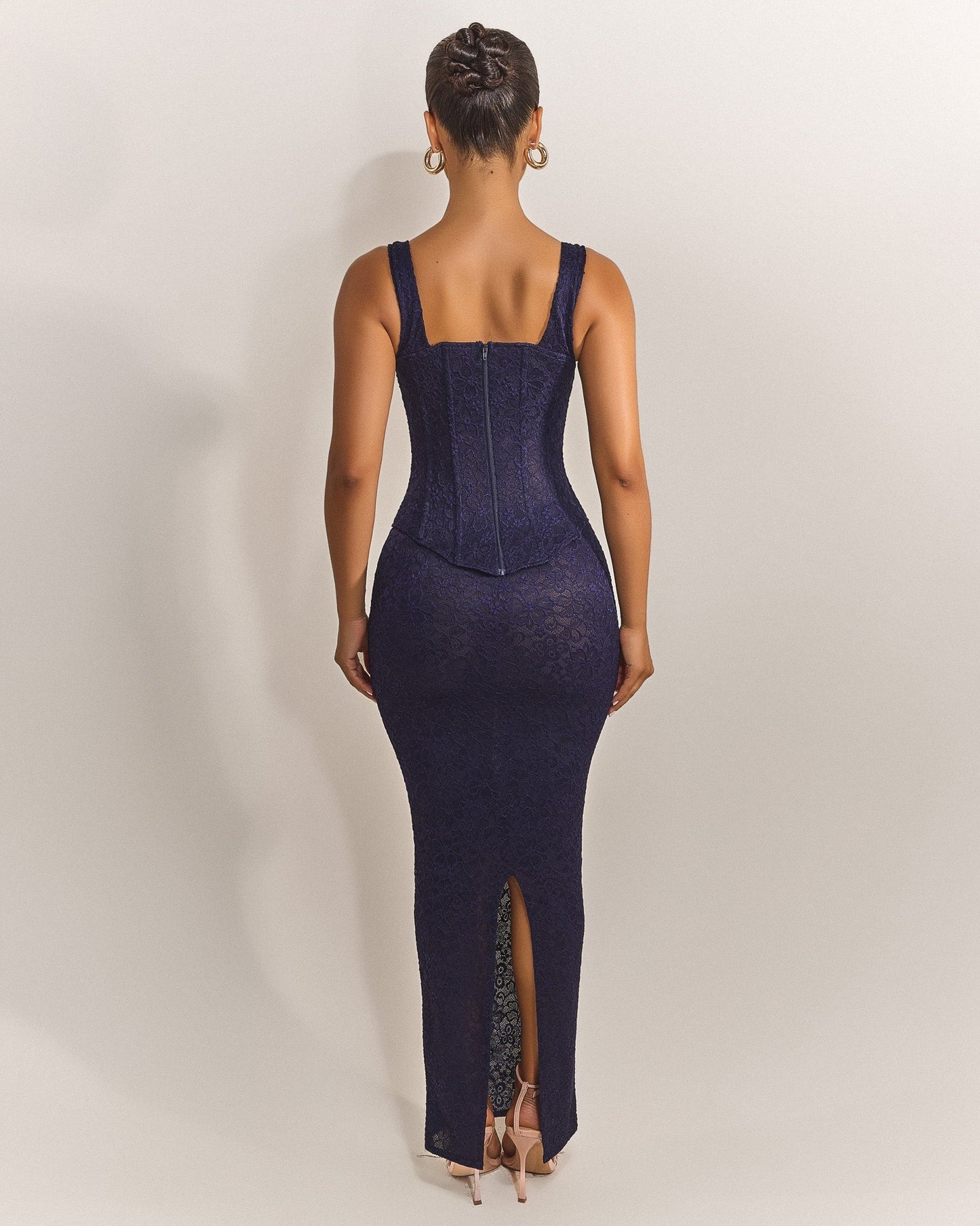 The Cinched Lace Maxi Skirt in Navy