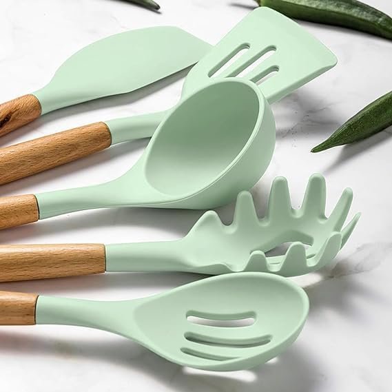 4130IGw7xTL._AC_ 33-Piece Silicone Kitchen Utensil Set with Wooden Handles – Heat-Resistant, Non-Stick Safe Cooking Tools - Image 8