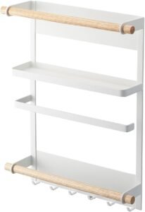 Magnetic Kitchen Organizer Rack – Steel Wall/Fridge Mount Storage Shelf with Hooks, White Finish