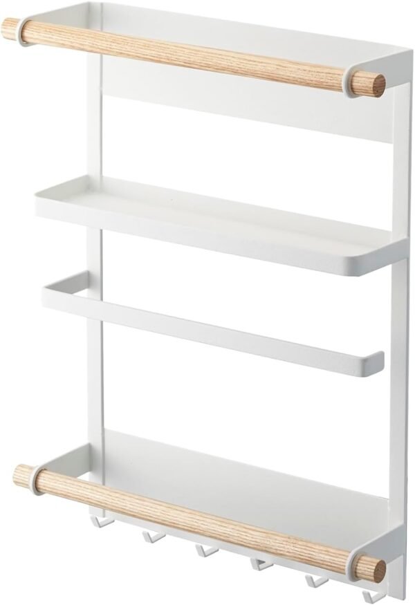 Magnetic Kitchen Organizer Rack – Steel Wall/Fridge Mount Storage Shelf with Hooks, White Finish - Image 1