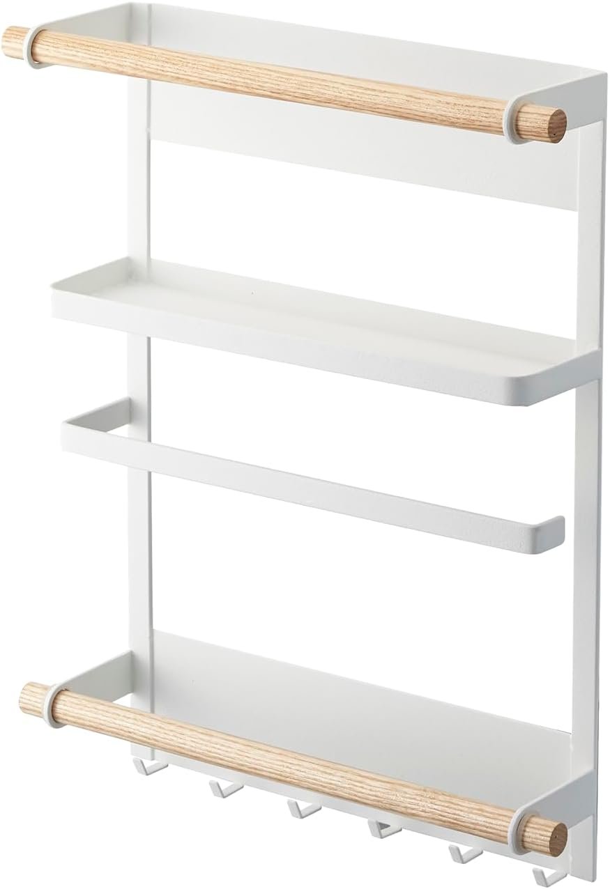 5166Yff6pGL._AC_SL1500_ Magnetic Kitchen Organizer Rack – Steel Wall/Fridge Mount Storage Shelf with Hooks, White Finish - Image 1