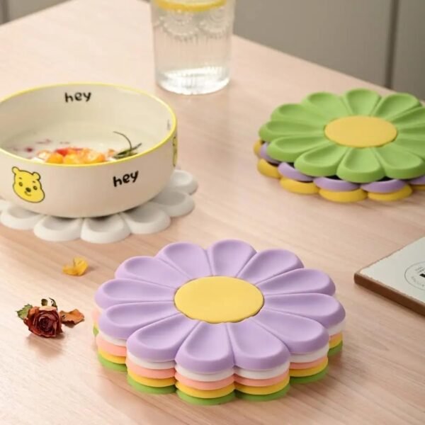 4PCS Colorful Flower Silicone Trivet & Coaster Set – Heat Resistant, Non-Slip Pot Holders & Table Mats for Hot Dishes, Pans & Drinks – Daisy Design (Purple, Green, Pink, Yellow) - Image 2