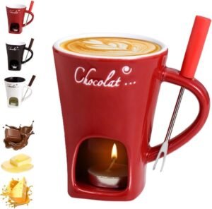 Ceramic Personal Fondue Mug with Fork – Red, Single-Serving Chocolate or Cheese Melting Cup, Ideal Gift for Date Night & Birthdays - Image 2