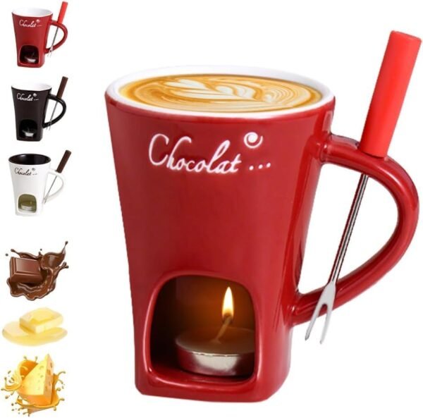 Ceramic Personal Fondue Mug with Fork – Red, Single-Serving Chocolate or Cheese Melting Cup, Ideal Gift for Date Night & Birthdays - Image 2
