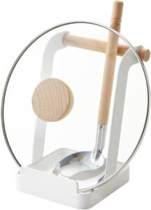 Steel Ladle & Lid Rest Stand – Kitchen Utensil Organizer with Drip Tray, White + Wood Accent