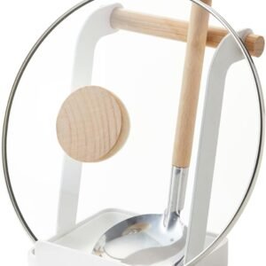 Steel Ladle & Lid Rest Stand – Kitchen Utensil Organizer with Drip Tray, White + Wood Accent