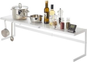 Expandable Kitchen Counter Shelf Organizer – Adjustable Width Rack for Cabinets, Pantry & Countertops, Durable White Steel