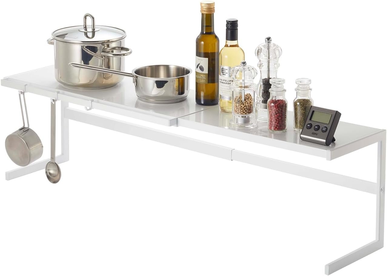 51qL9Pd-x0L._AC_SL1500_ Expandable Kitchen Counter Shelf Organizer – Adjustable Width Rack for Cabinets, Pantry & Countertops, Durable White Steel - Image 1