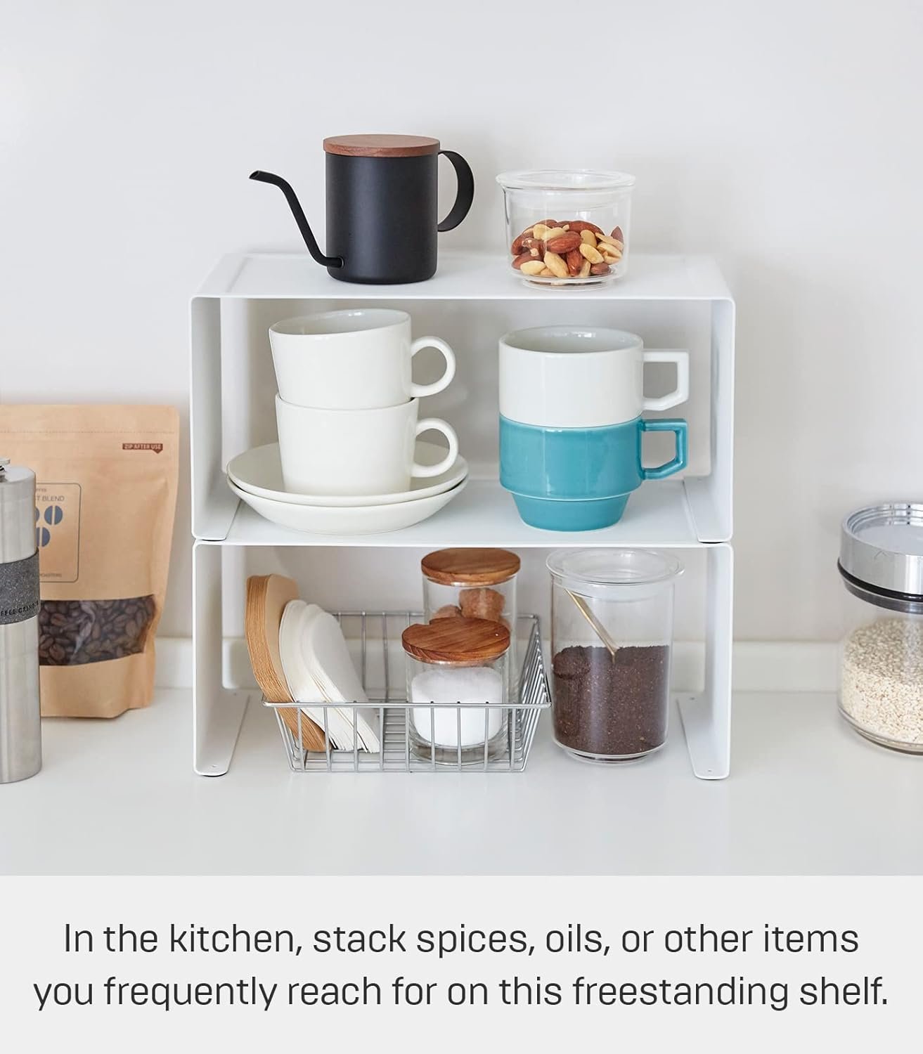 619s9wxOsXL._AC_SL1500_ Stackable Kitchen Counter Shelf Organizer – Space Saving Metal Rack for Cabinets, Pantry & Countertops, Durable and Minimal Design, White - Image 8