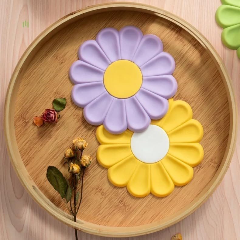 61A9tJV7GPL._AC_ 4PCS Colorful Flower Silicone Trivet & Coaster Set – Heat Resistant, Non-Slip Pot Holders & Table Mats for Hot Dishes, Pans & Drinks – Daisy Design (Purple, Green, Pink, Yellow) - Image 6