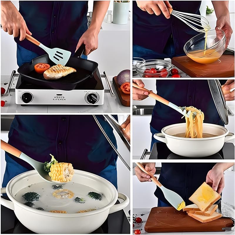 61KCH5Nf2YL._AC_ 33-Piece Silicone Kitchen Utensil Set with Wooden Handles – Heat-Resistant, Non-Stick Safe Cooking Tools - Image 4