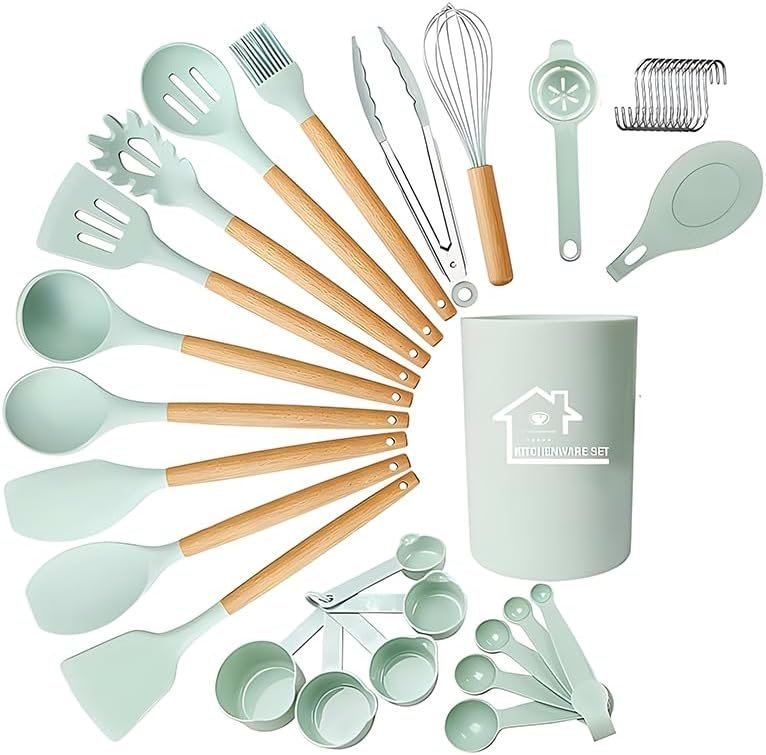 61KEKlpdhjL._AC_ 33-Piece Silicone Kitchen Utensil Set with Wooden Handles – Heat-Resistant, Non-Stick Safe Cooking Tools - Image 5