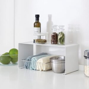 Stackable Kitchen Counter Shelf Organizer – Space Saving Metal Rack for Cabinets, Pantry & Countertops, Durable and Minimal Design, White