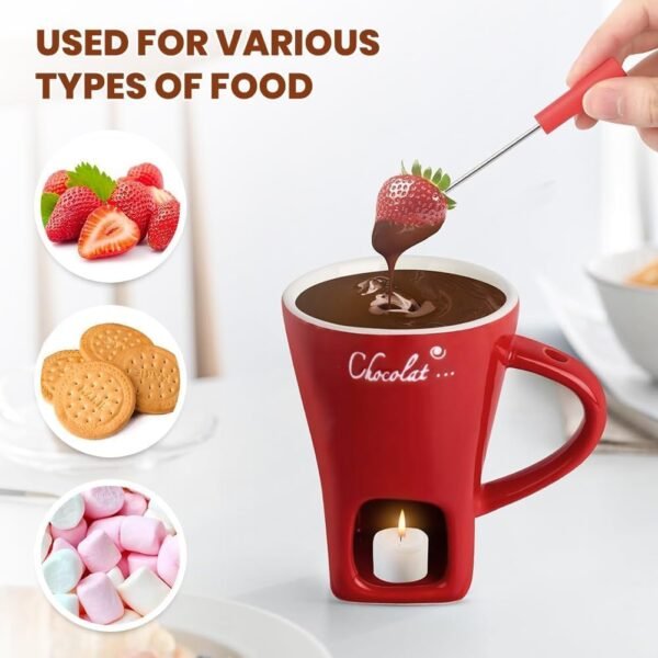 Ceramic Personal Fondue Mug with Fork – Red, Single-Serving Chocolate or Cheese Melting Cup, Ideal Gift for Date Night & Birthdays - Image 5