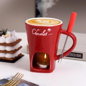 Ceramic Personal Fondue Mug with Fork – Red, Single-Serving Chocolate or Cheese Melting Cup, Ideal Gift for Date Night & Birthdays