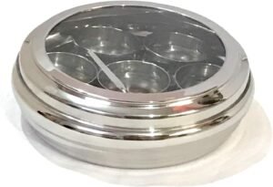 Clear Lid Stainless Steel Spice Storage Box – 7-Container Masala Dabba with Spoon, Kitchen Rack Organizer - Image 4