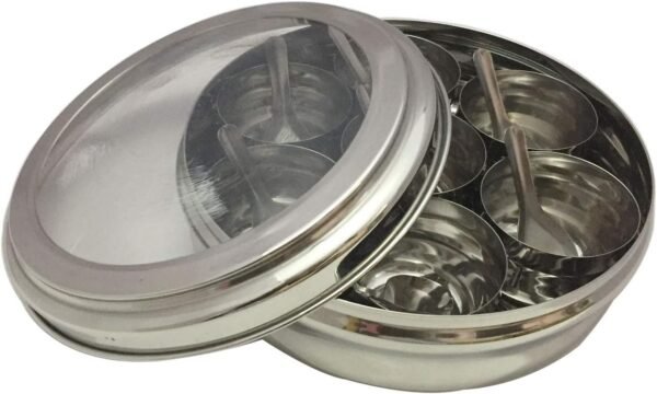 Stainless Steel Spice Box with Transparent Lid – Indian Masala Dabba Container for Kitchen, 7 Compartments with Spoon, Durable & Elegant Design - Image 3