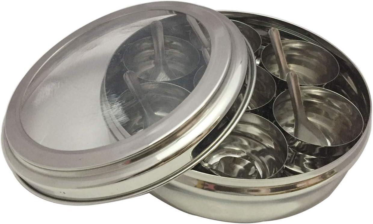 61+eaSW0RAL._AC_SL1500_ Stainless Steel Spice Box with Transparent Lid – Indian Masala Dabba Container for Kitchen, 7 Compartments with Spoon, Durable & Elegant Design - Image 3