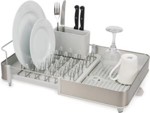 Stainless Steel Expandable Dish Drainer Rack – Adjustable Width Drying Tray with Movable Cutlery Holder & Draining Spout