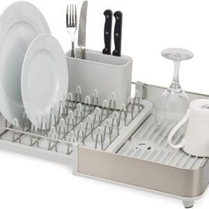 Stainless Steel Expandable Dish Drainer Rack – Adjustable Width Drying Tray with Movable Cutlery Holder & Draining Spout