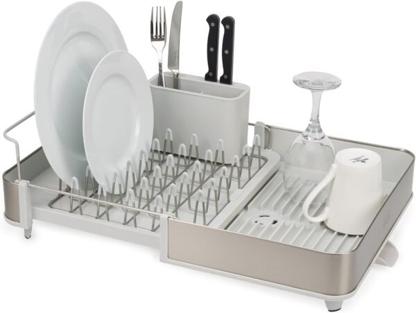 Stainless Steel Expandable Dish Drainer Rack – Adjustable Width Drying Tray with Movable Cutlery Holder & Draining Spout - Image 1