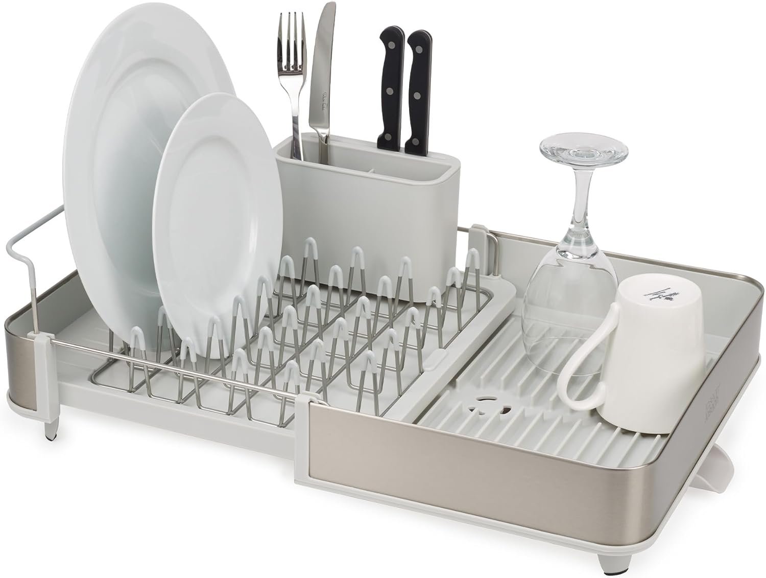 61feETQEIdL._AC_SL1500_ Stainless Steel Expandable Dish Drainer Rack – Adjustable Width Drying Tray with Movable Cutlery Holder & Draining Spout - Image 1
