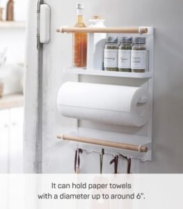 Magnetic Kitchen Organizer Rack – Steel Wall/Fridge Mount Storage Shelf with Hooks, White Finish - Image 3