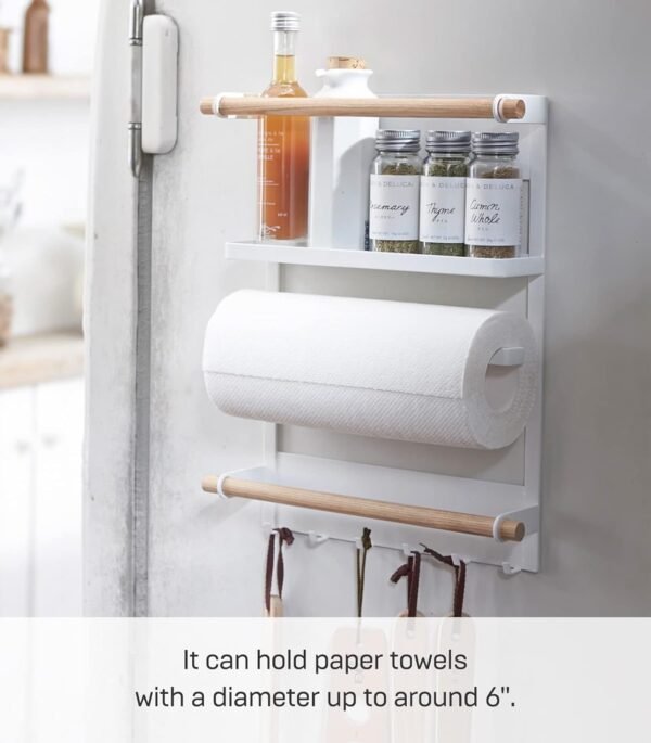 Magnetic Kitchen Organizer Rack – Steel Wall/Fridge Mount Storage Shelf with Hooks, White Finish - Image 3