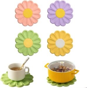 4PCS Colorful Flower Silicone Trivet & Coaster Set – Heat Resistant, Non-Slip Pot Holders & Table Mats for Hot Dishes, Pans & Drinks – Daisy Design (Purple, Green, Pink, Yellow)