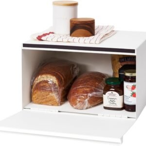 Steel Bread Box for Kitchen Countertop – White Finish Container Holder for Fresh Baked Goods & Food Storage
