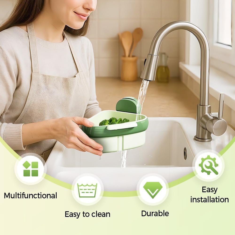 61mFjwX0FUL._AC_SL1000_ Corner Sink Suction Cup Rack – Triangular Drain Basket with Food-Waste Catcher, Press-Lock Installation, 2026 Upgraded Green Kitchen Organizer - Image 6