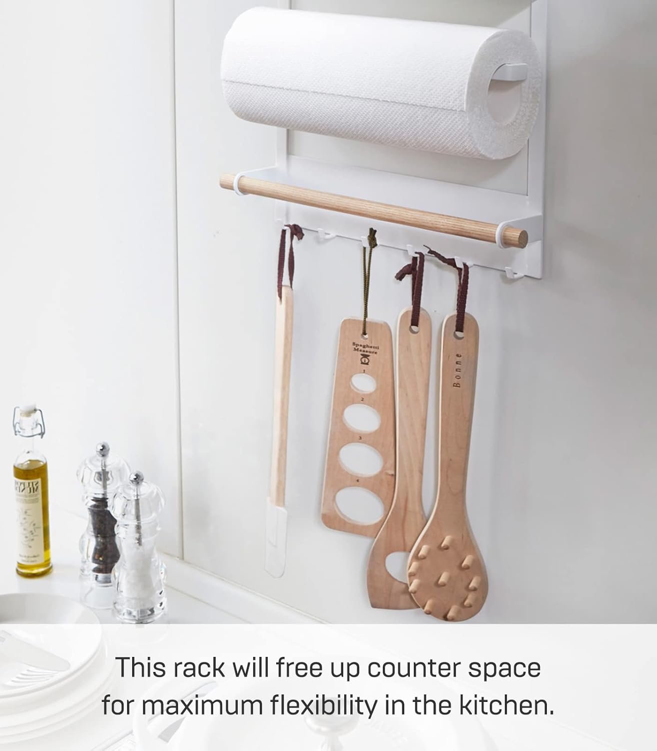 61pbW5g+8ML._AC_SL1500_ Magnetic Kitchen Organizer Rack – Steel Wall/Fridge Mount Storage Shelf with Hooks, White Finish - Image 4