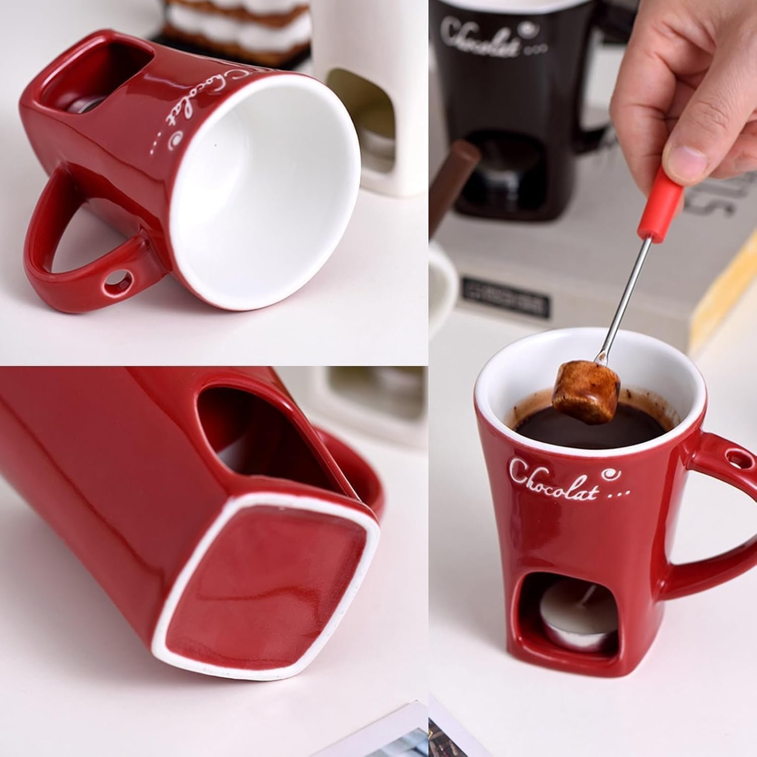 61u928AKaHL._AC_SL1500_ Ceramic Personal Fondue Mug with Fork – Red, Single-Serving Chocolate or Cheese Melting Cup, Ideal Gift for Date Night & Birthdays - Image 6