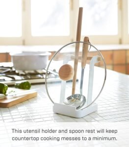 Steel Ladle & Lid Rest Stand – Kitchen Utensil Organizer with Drip Tray, White + Wood Accent - Image 6
