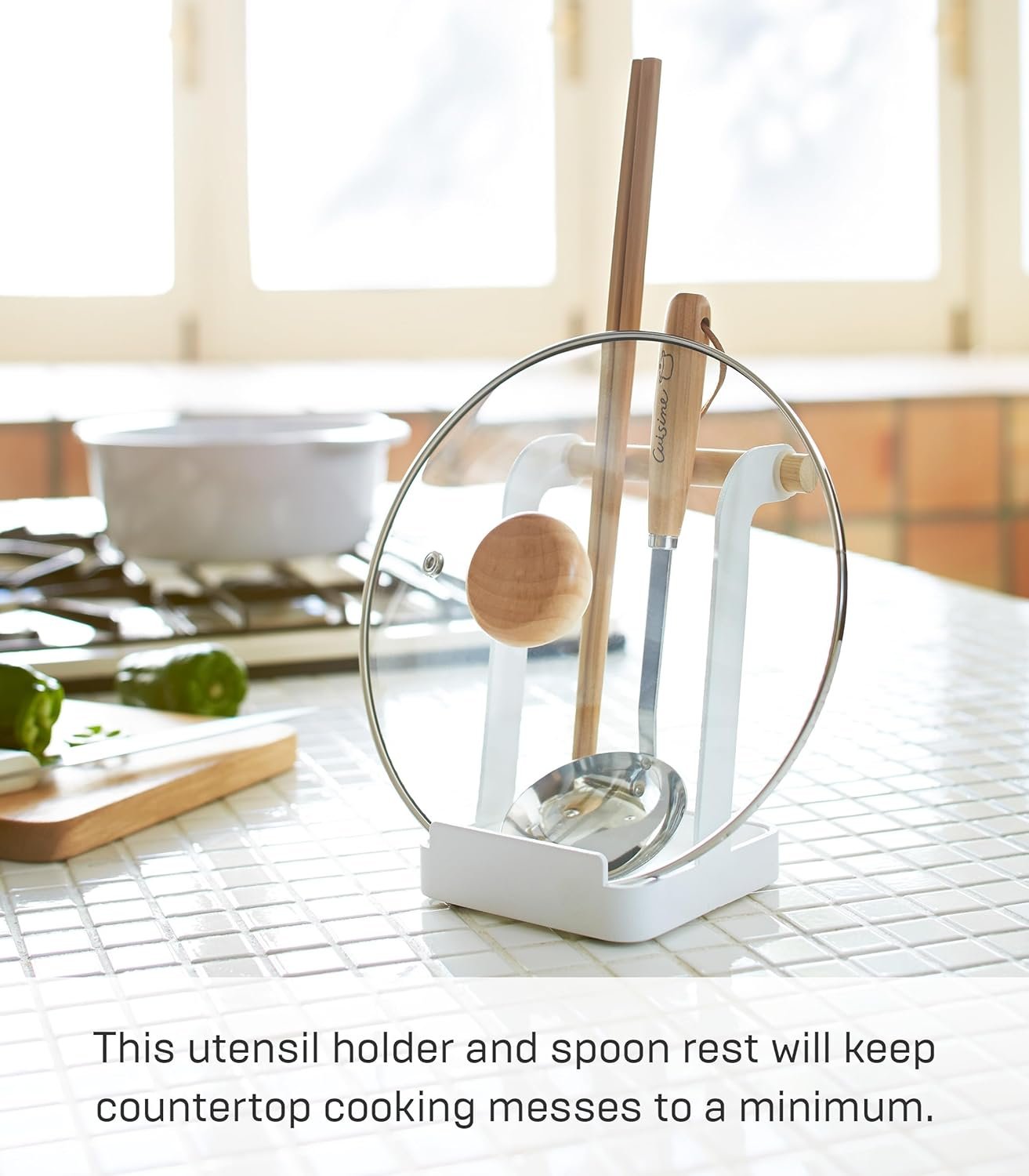 71-h-2SzI1L._AC_SL1500_ Steel Ladle & Lid Rest Stand – Kitchen Utensil Organizer with Drip Tray, White + Wood Accent - Image 6