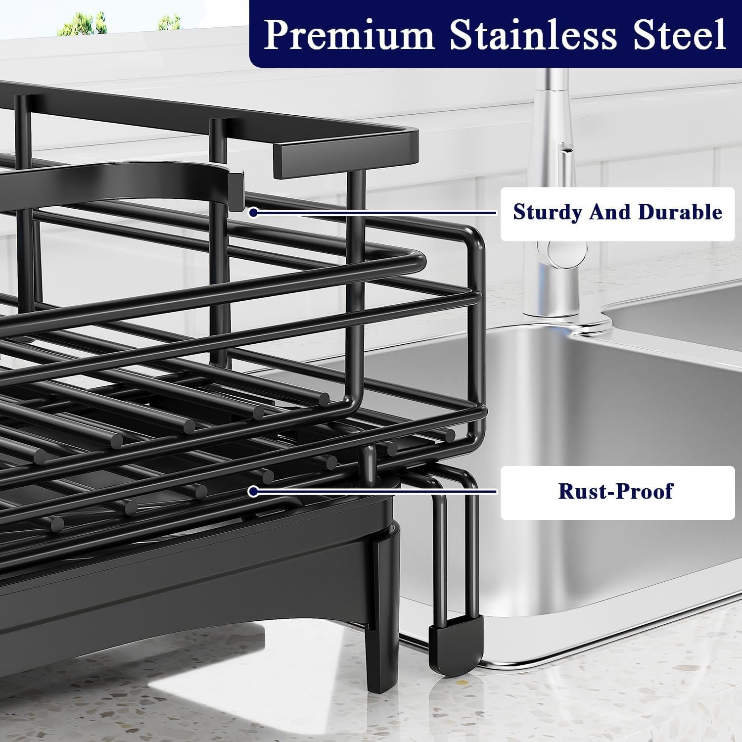 71-q1xGzQgL._AC_SL1500_ Stainless Steel Expandable Dish Drying Rack with Drainboard & Cutlery Holder – Black Finish - Image 4