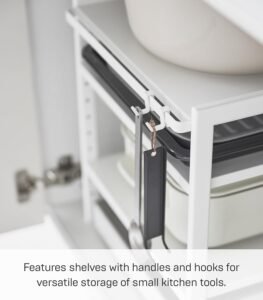 Height-Adjustable Under-Sink Storage Rack – 3-Tier White Steel Organizer with Hooks - Image 7