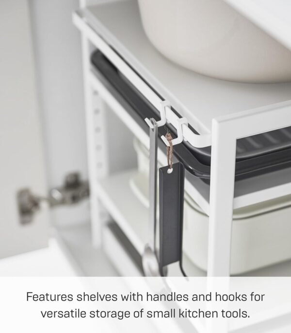 Height-Adjustable Under-Sink Storage Rack – 3-Tier White Steel Organizer with Hooks - Image 7
