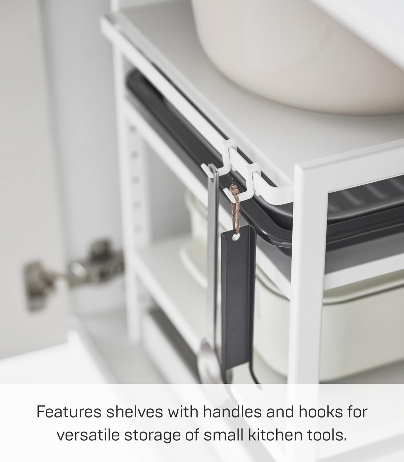 712GdvH6grL._AC_SL1500_ Height-Adjustable Under-Sink Storage Rack – 3-Tier White Steel Organizer with Hooks - Image 7