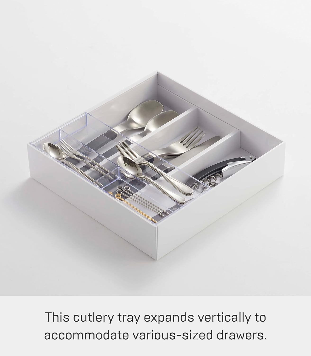 714YCkFg9OL._AC_SL1500_ Adjustable Expandable Cutlery Drawer Tray with Sliding Divider – Fits Multiple Drawer Sizes, White - Image 5