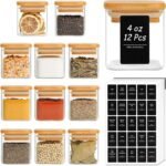 12-Piece Glass Spice Jar Set with Bamboo Lids – Airtight Square Containers for Seasoning, Herbs & Pantry Organizing