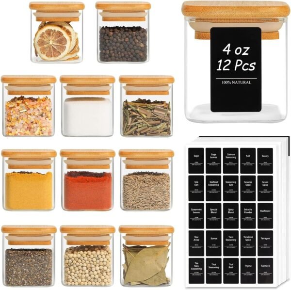 12-Piece Glass Spice Jar Set with Bamboo Lids – Airtight Square Containers for Seasoning, Herbs & Pantry Organizing - Image 1