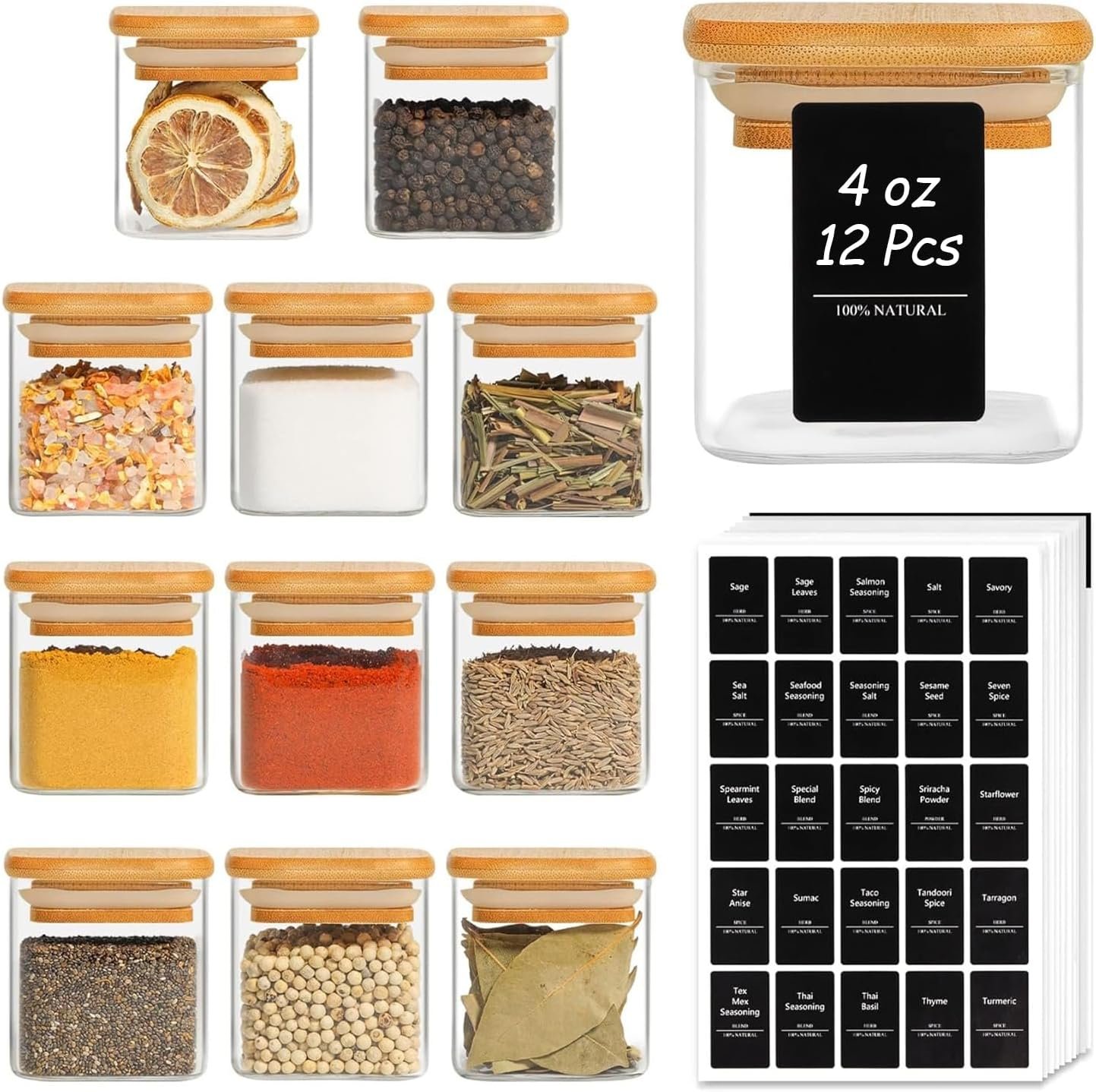 718mO7pKDTL._AC_SL1500_ 12-Piece Glass Spice Jar Set with Bamboo Lids – Airtight Square Containers for Seasoning, Herbs & Pantry Organizing - Image 1