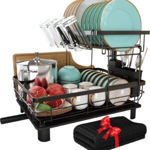 2-Tier Dish Drying Rack with Drainboard & Utensil Holder – Large Capacity Kitchen Counter Drainer Set, Black