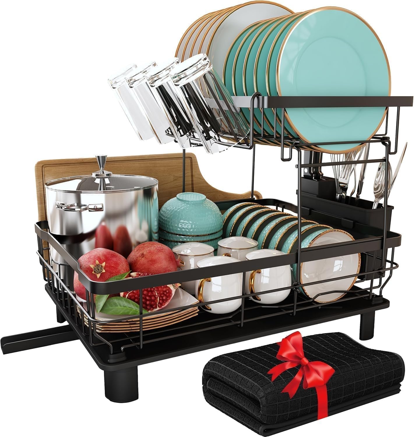 719ScvVqvxL._AC_SL1500_ 2-Tier Dish Drying Rack with Drainboard & Utensil Holder – Large Capacity Kitchen Counter Drainer Set, Black - Image 1
