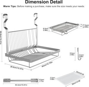 Stainless Steel Dish Drying Rack with Drainboard & Hanging Rod – Over-Sink Organizer with Sponge Holder (Silver) - Image 2