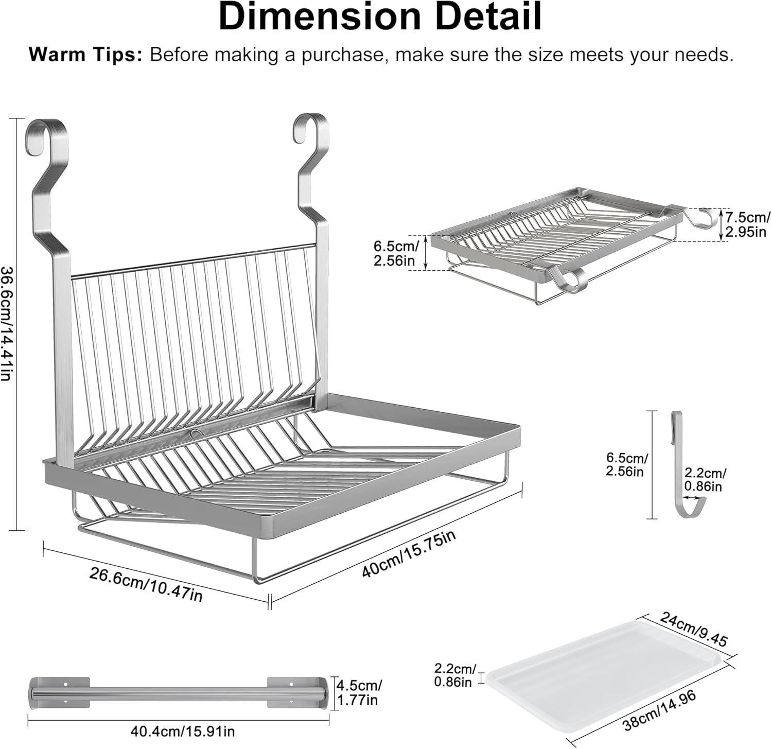 71A75bf+f1L._AC_SL1500_ Stainless Steel Dish Drying Rack with Drainboard & Hanging Rod – Over-Sink Organizer with Sponge Holder (Silver) - Image 2